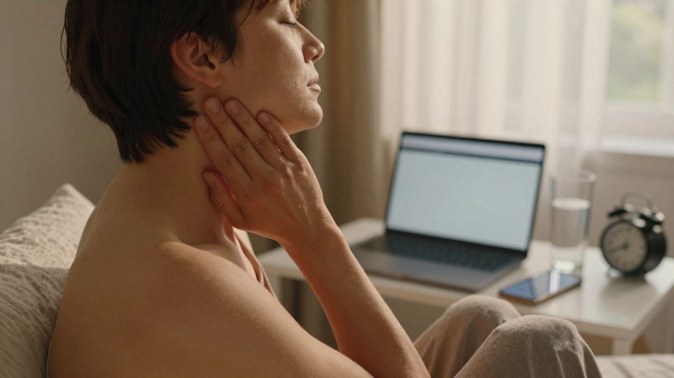 Pessoa sentada na cama com olhos fechados, mãos no pescoço, ao lado de laptop e relógio despertador.