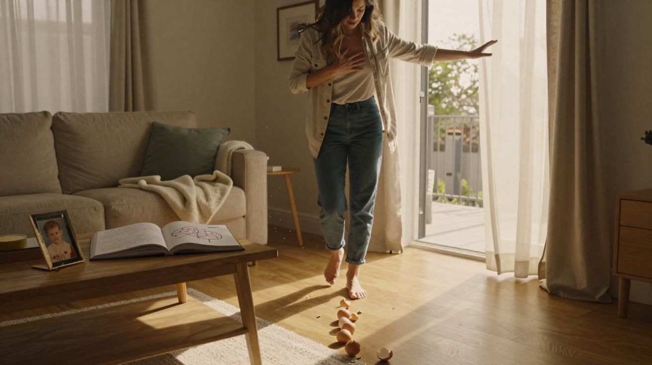 Mulher em casa a pisar cascas de ovo partidas no chão de madeira, com luz natural a entrar pela varanda aberta.