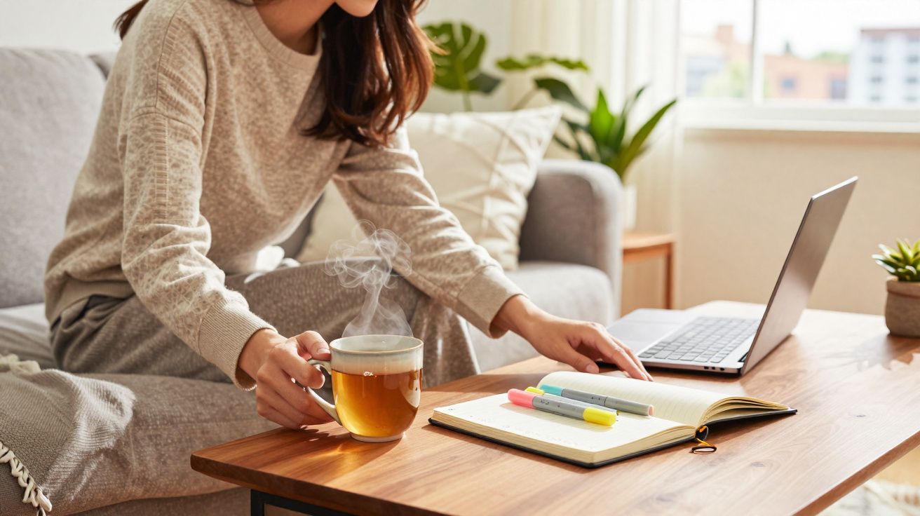 Pessoa sentada no sofá com chá quente, caderno, marcadores e portátil numa mesa de madeira na sala.