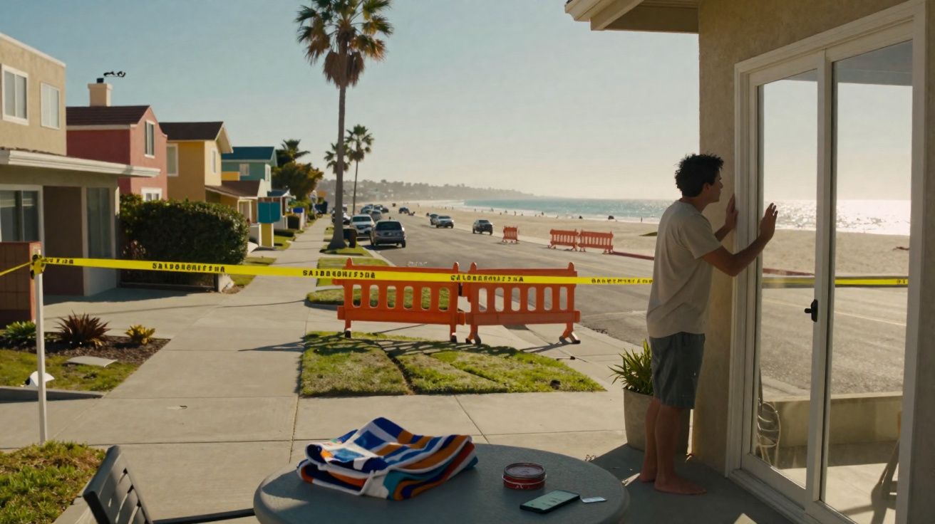 Homem observa o mar através da porta de vidro numa casa à beira da praia com área isolada por fitas e barreiras.