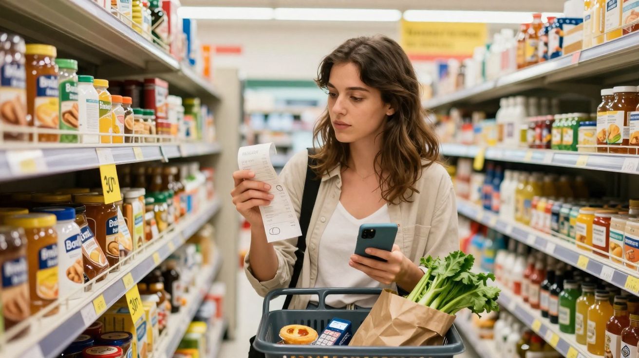 Mulher a fazer compras no supermercado, a consultar lista e telefone, com legumes no carrinho de compras.