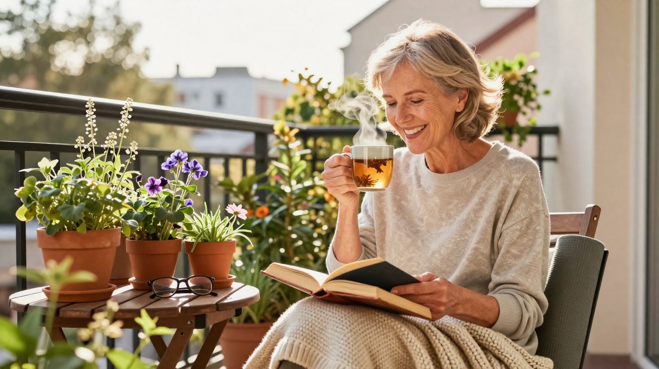 Mulher madura sentada num terraço, a ler um livro e beber chá quente rodeada de plantas.