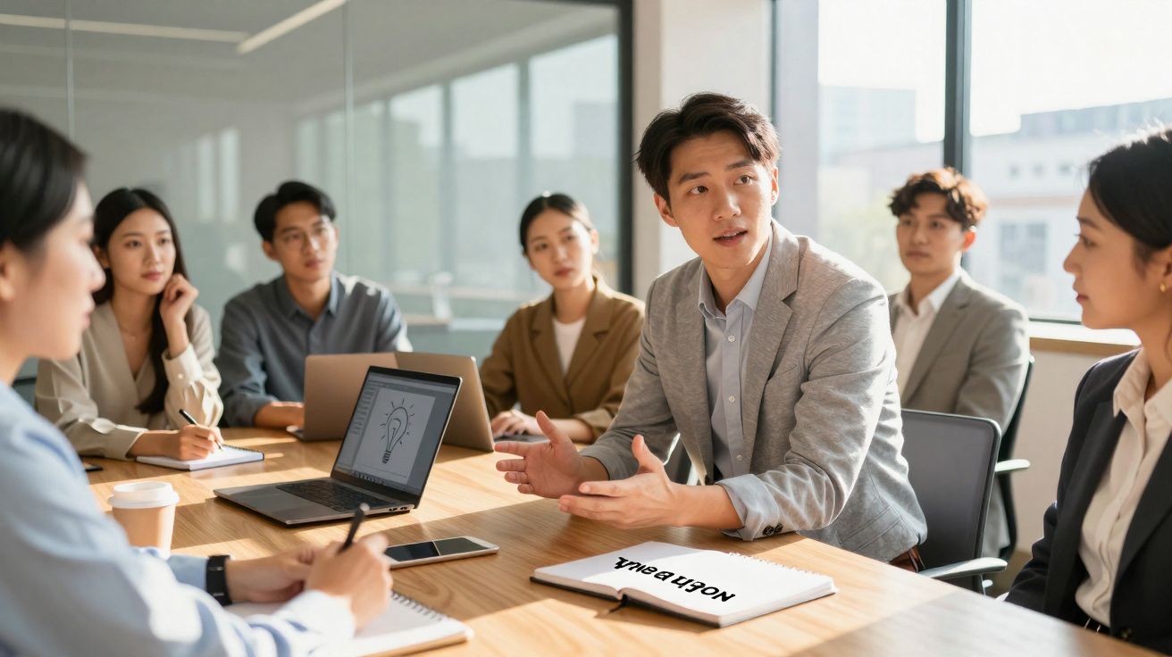 Grupo de profissionais asiáticos reunidos à volta de mesa, em reunião de trabalho num escritório moderno.