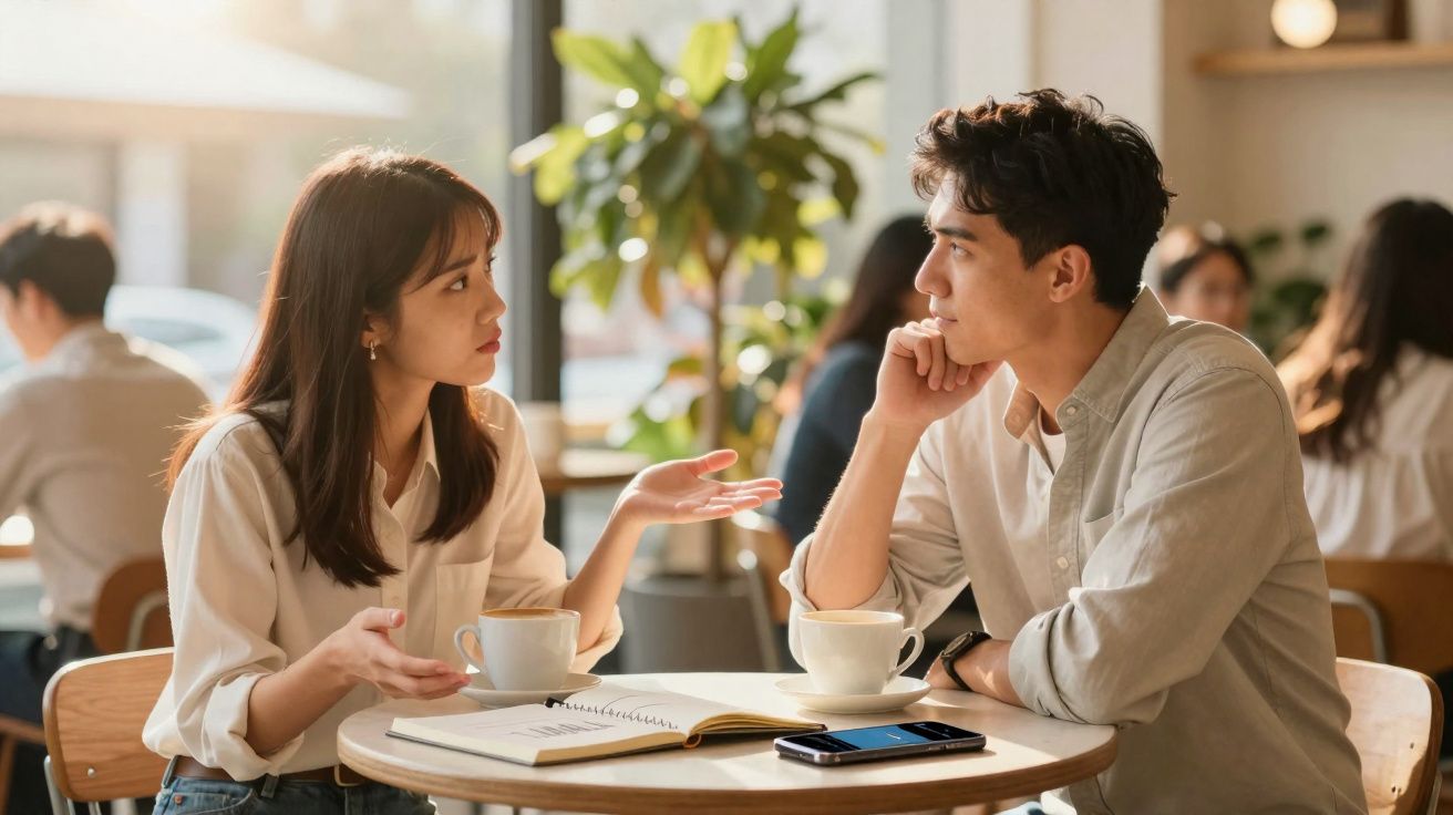 Casal jovem conversa numa cafetaria, com café, caderno e telemóvel sobre a mesa redonda.