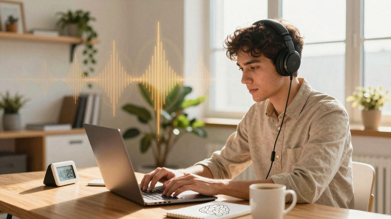 Jovem com auscultadores a trabalhar num portátil numa mesa com uma caneca, relógio e ambiente luminoso.