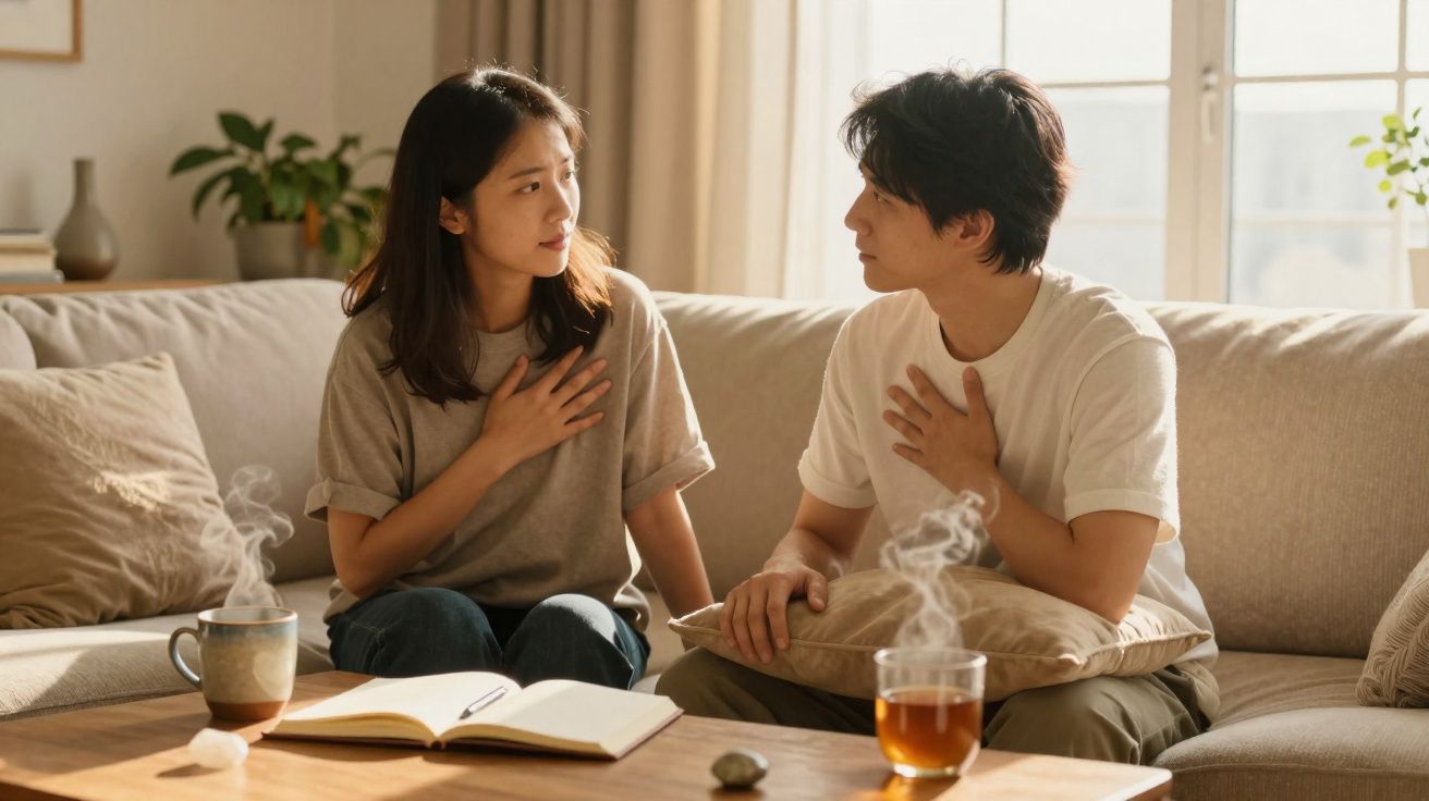 Casal sentado no sofá a conversar de forma séria, com mãos no peito e bebidas quentes na mesa.