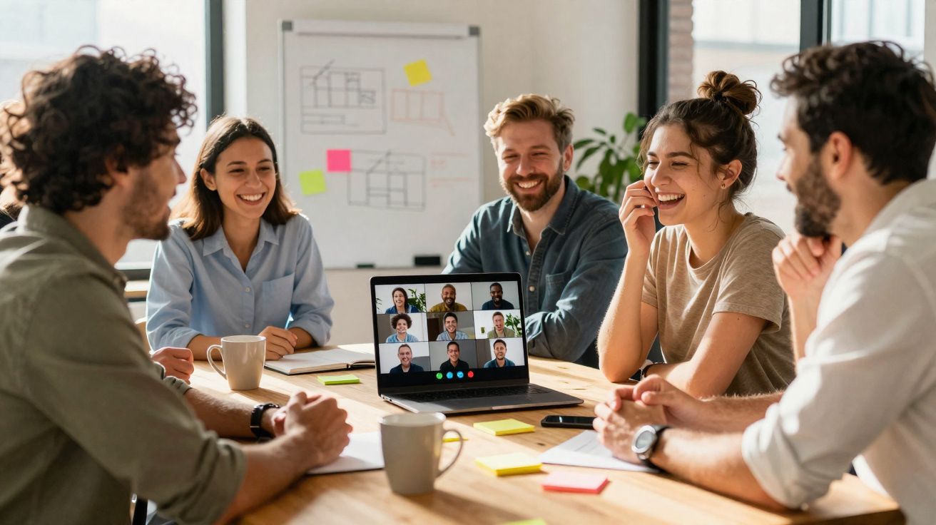 Grupo de cinco pessoas reunidas à volta de uma mesa com videoconferência no portátil a sorrir e conversar.