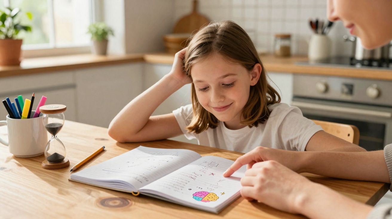 Menina a estudar com um adulto numa cozinha, a olhar para caderno com desenhos coloridos.