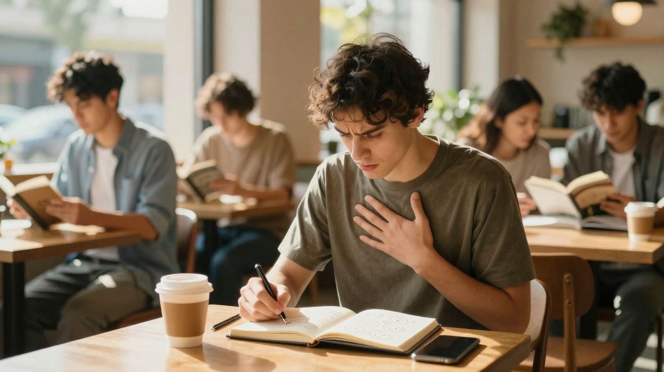 Jovem preocupado estudando num café, rodeado de outras pessoas a ler livros.