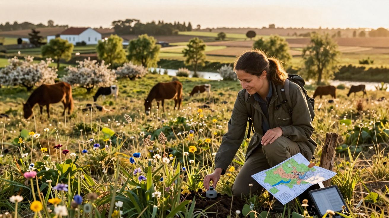 Mulher a analisar solo numa paisagem rural com vacas e flores coloridas ao pôr do sol.