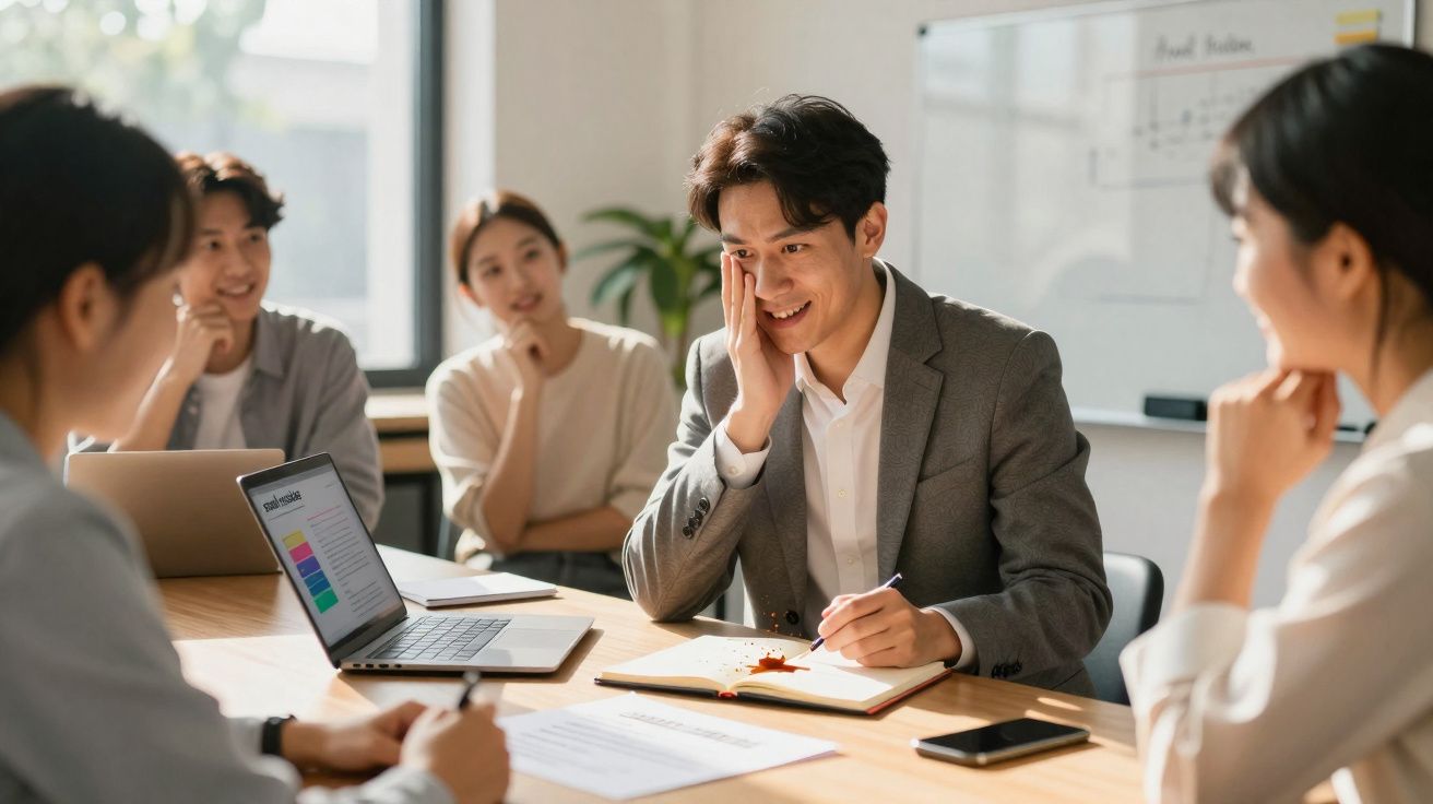 Grupo de jovens em reunião de trabalho, sentado à mesa com computador e cadernos, num ambiente informal.