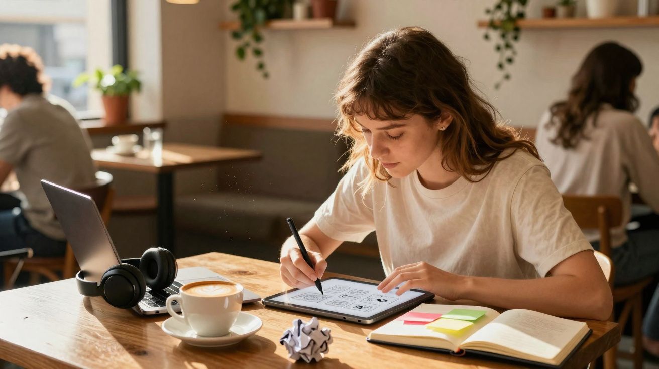 Jovem sentada num café a desenhar num tablet, rodeada por caderno, laptop, headphones e chá com leite.