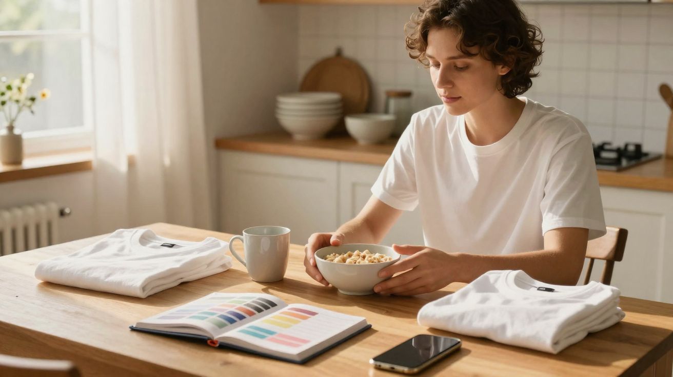 Pessoa sentada à mesa na cozinha a segurar uma tigela de cereais, com cadernos, telemóvel e roupa branca sobre a mesa.