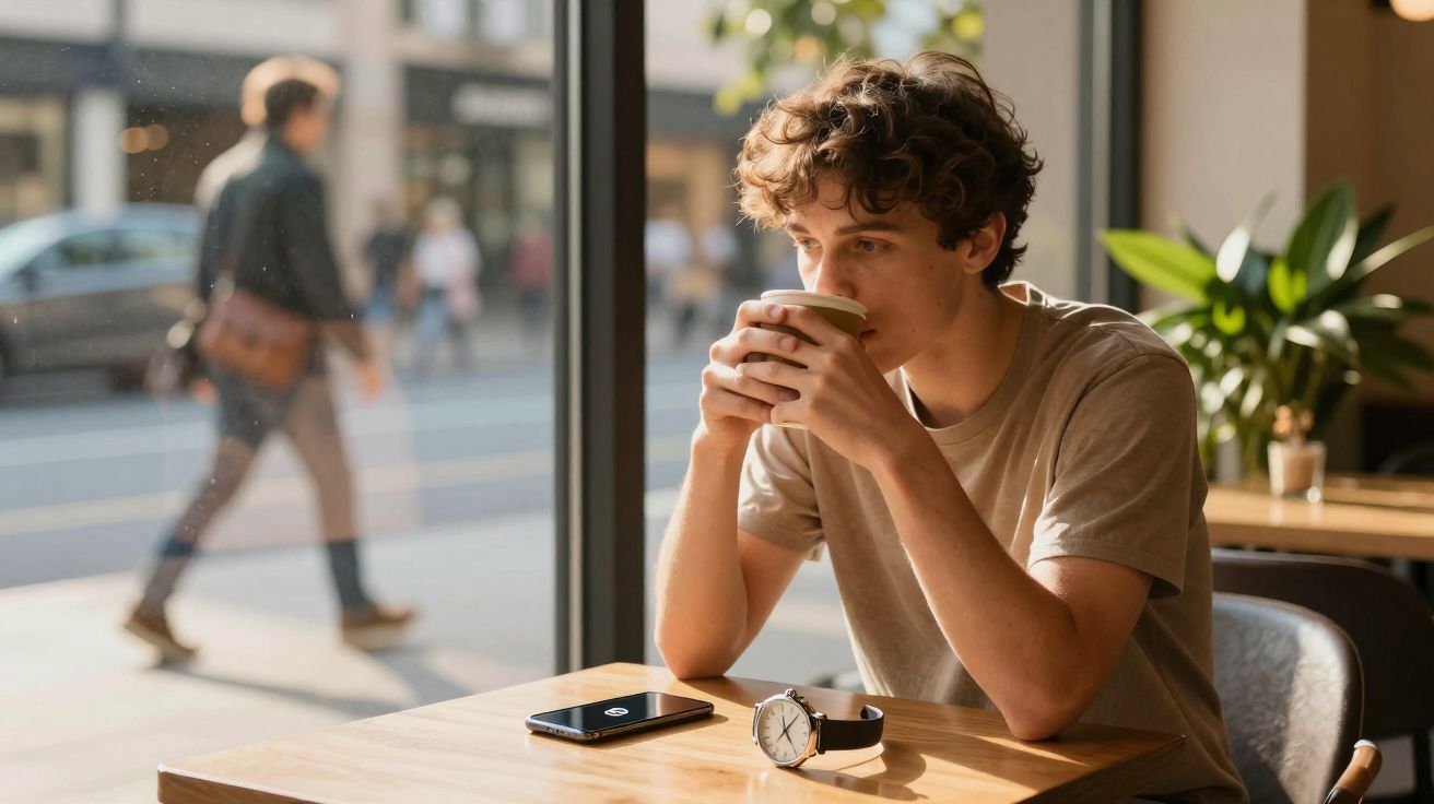 Jovem sentado numa mesa de café, a beber de um copo, com telemóvel e relógio na mesa.