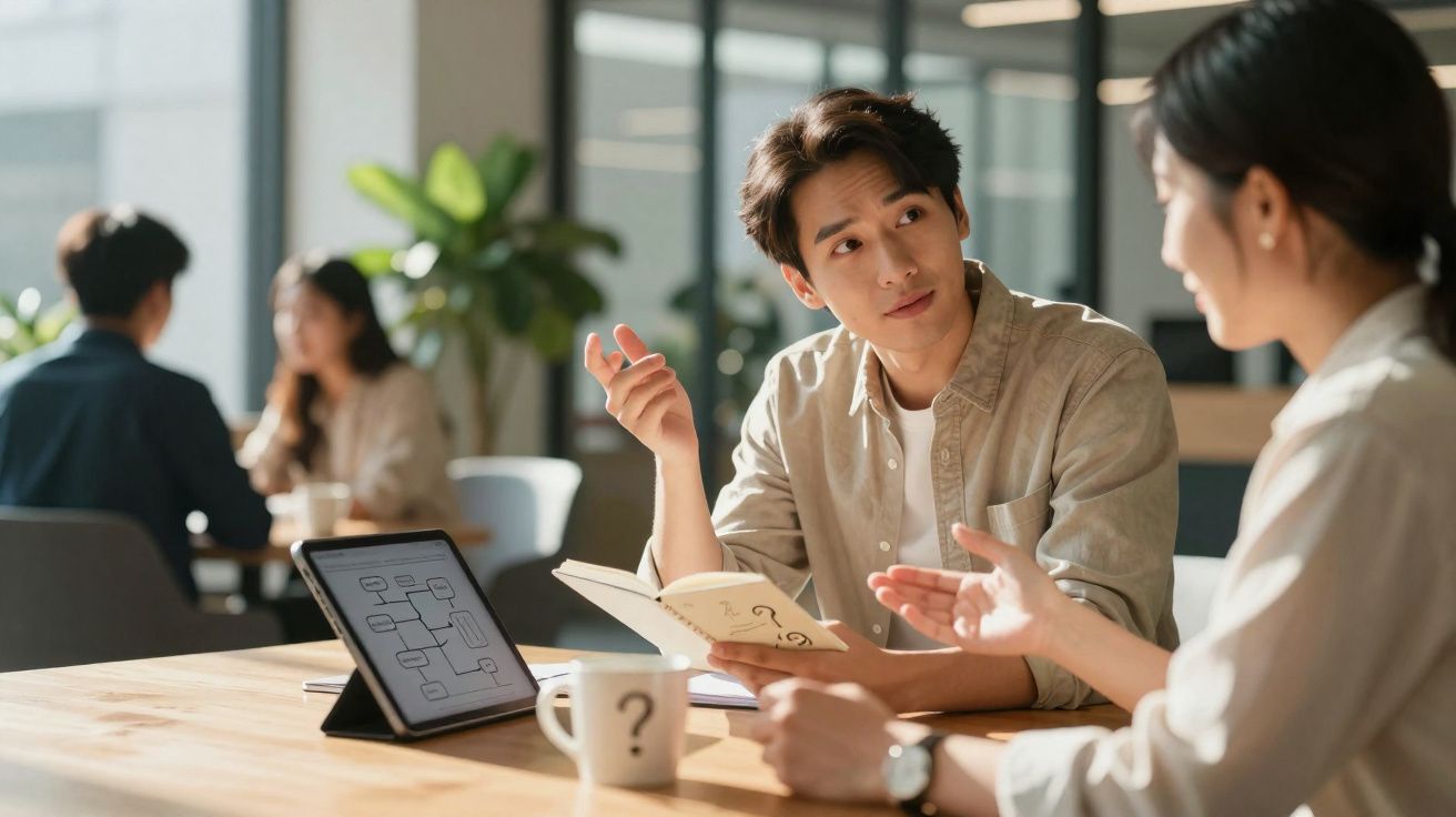 Duas pessoas a discutir ideias numa mesa com caderno, tablet e chávenas numa sala bem iluminada.