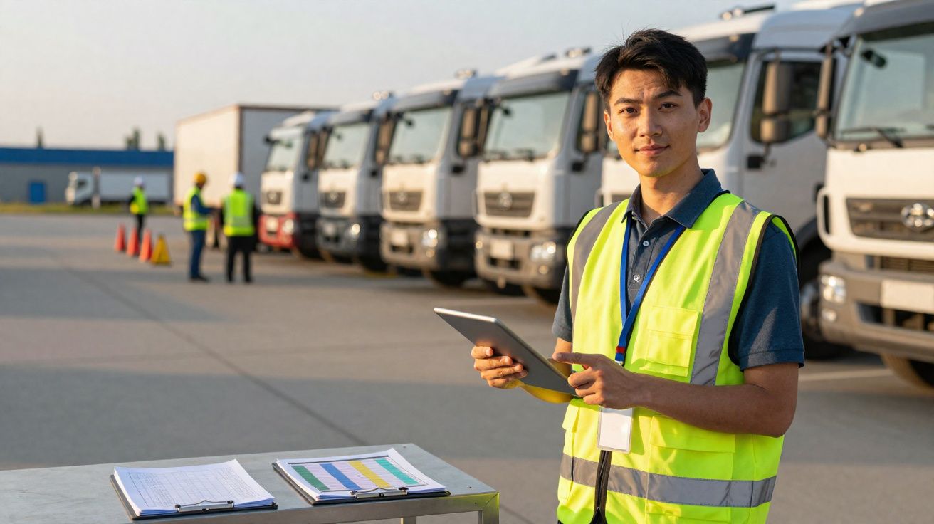 Homem com colete amarelo de segurança segura tablet junto a camiões estacionados num pátio industrial.