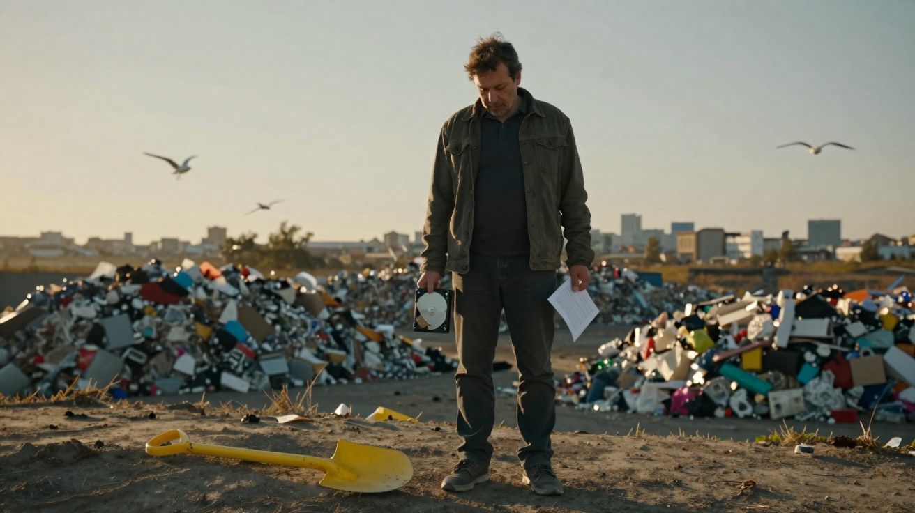 Homem de pé junto a um monte de lixo tecnológico, segurando um disco e papel, com pá amarela no chão.