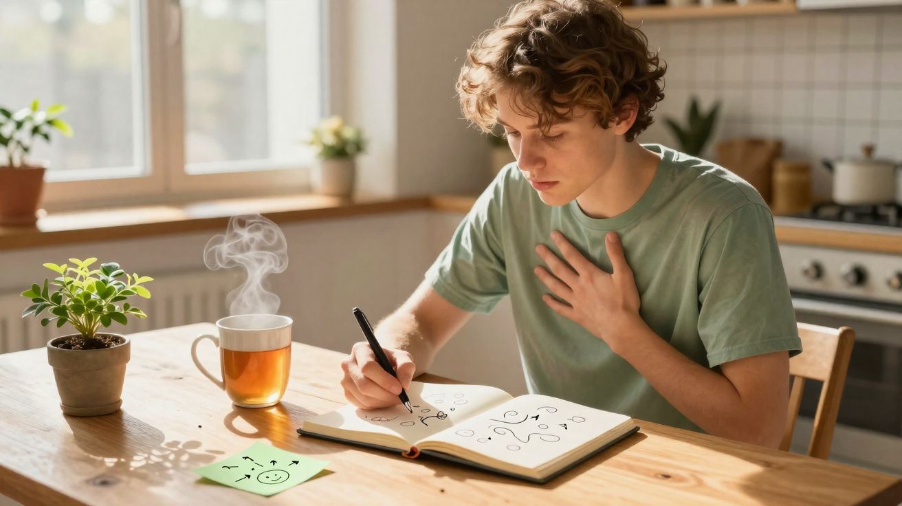 Jovem sentado à mesa a desenhar num caderno, com chá quente e planta ao seu lado numa cozinha iluminada.