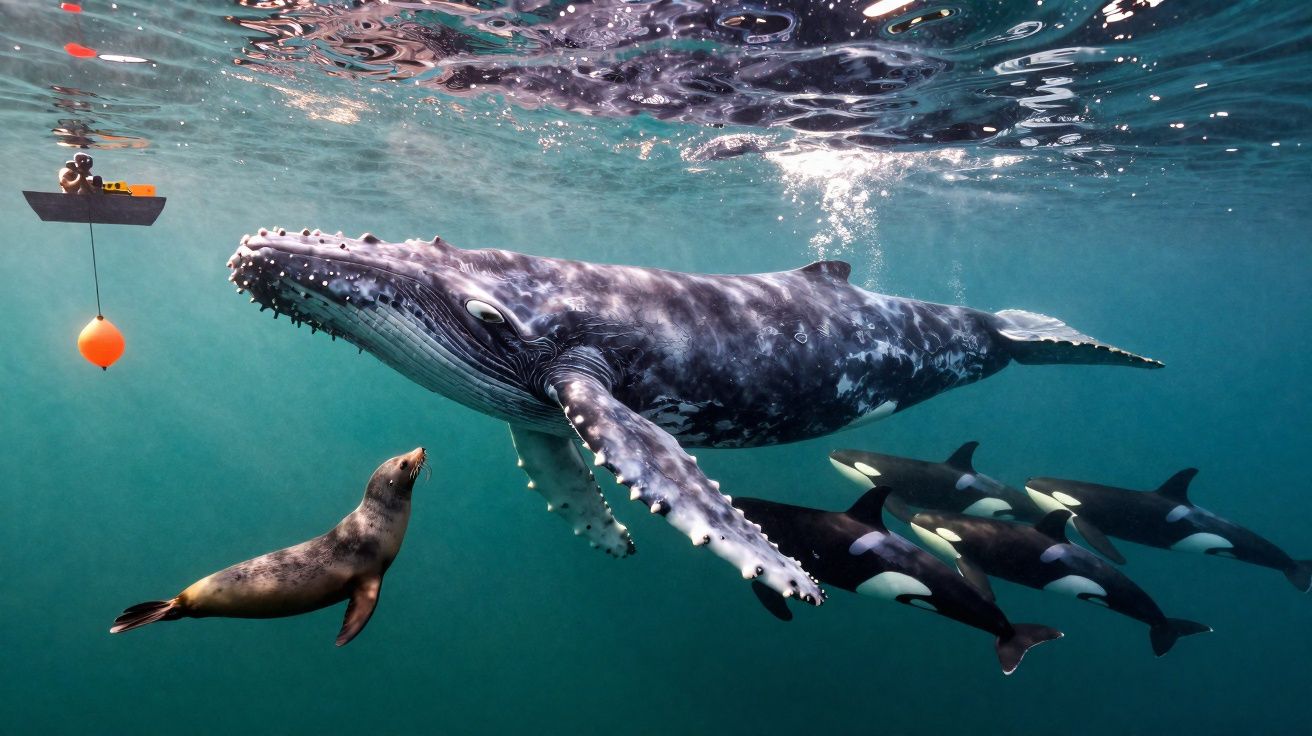 Baleia-jubarte, leão-marinho e grupo de orcas a nadar juntos em águas claras junto a isca de pesca.