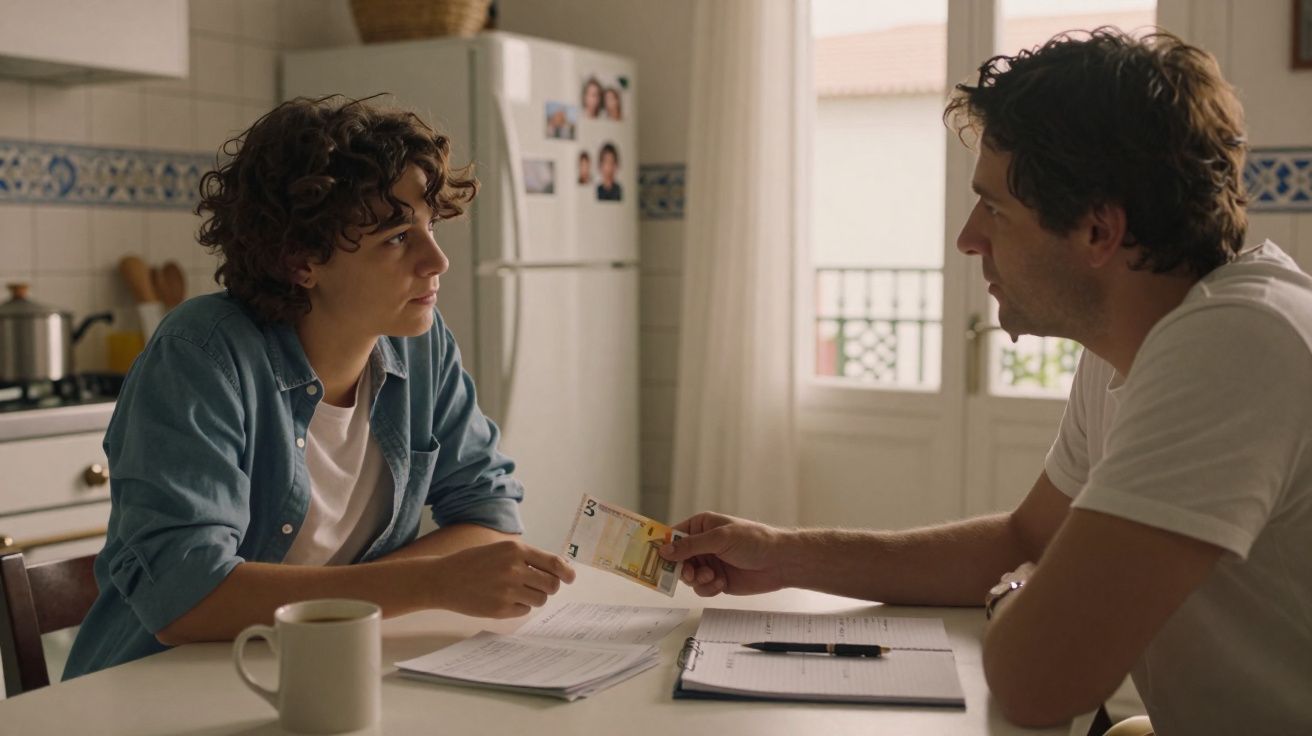 Dois homens sentados à mesa da cozinha, um entrega uma nota ao outro durante uma conversa séria.