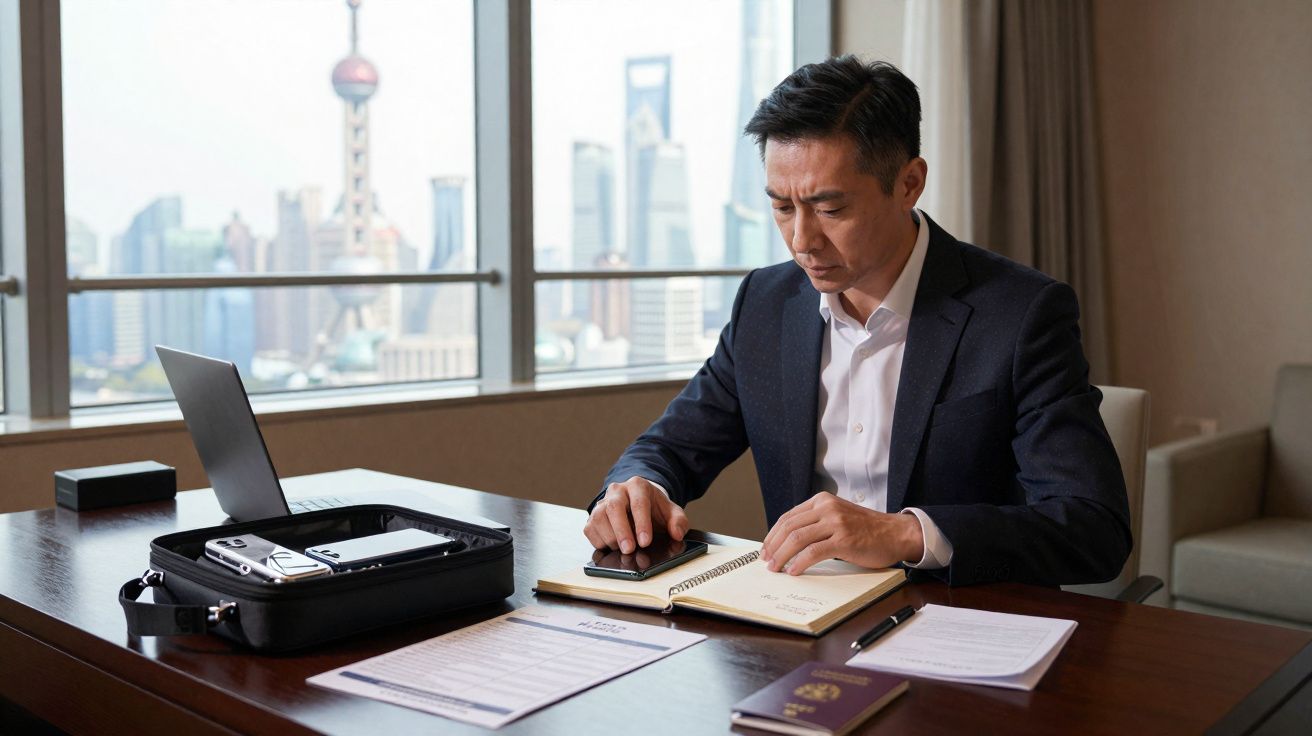 Homem de negócios a trabalhar numa mesa com computador, documentos e vista para a cidade através da janela.