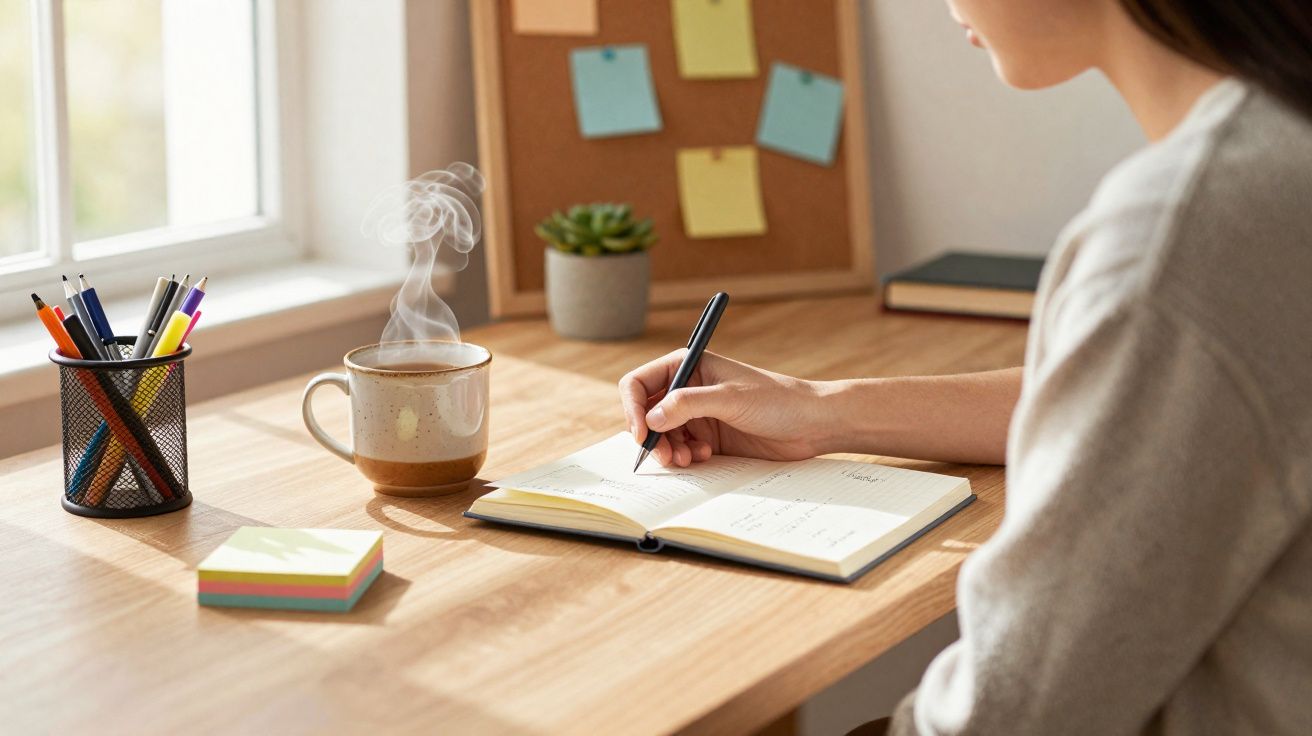 Pessoa a escrever num diário com caneta, ao lado de uma chávena de café a fumegar numa secretária iluminada.