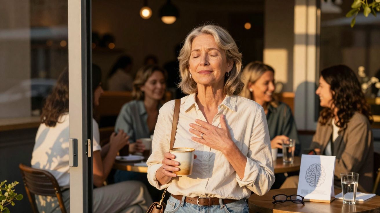Mulher madura com olhos fechados segurando café e com a mão no peito numa esplanada de manhã.