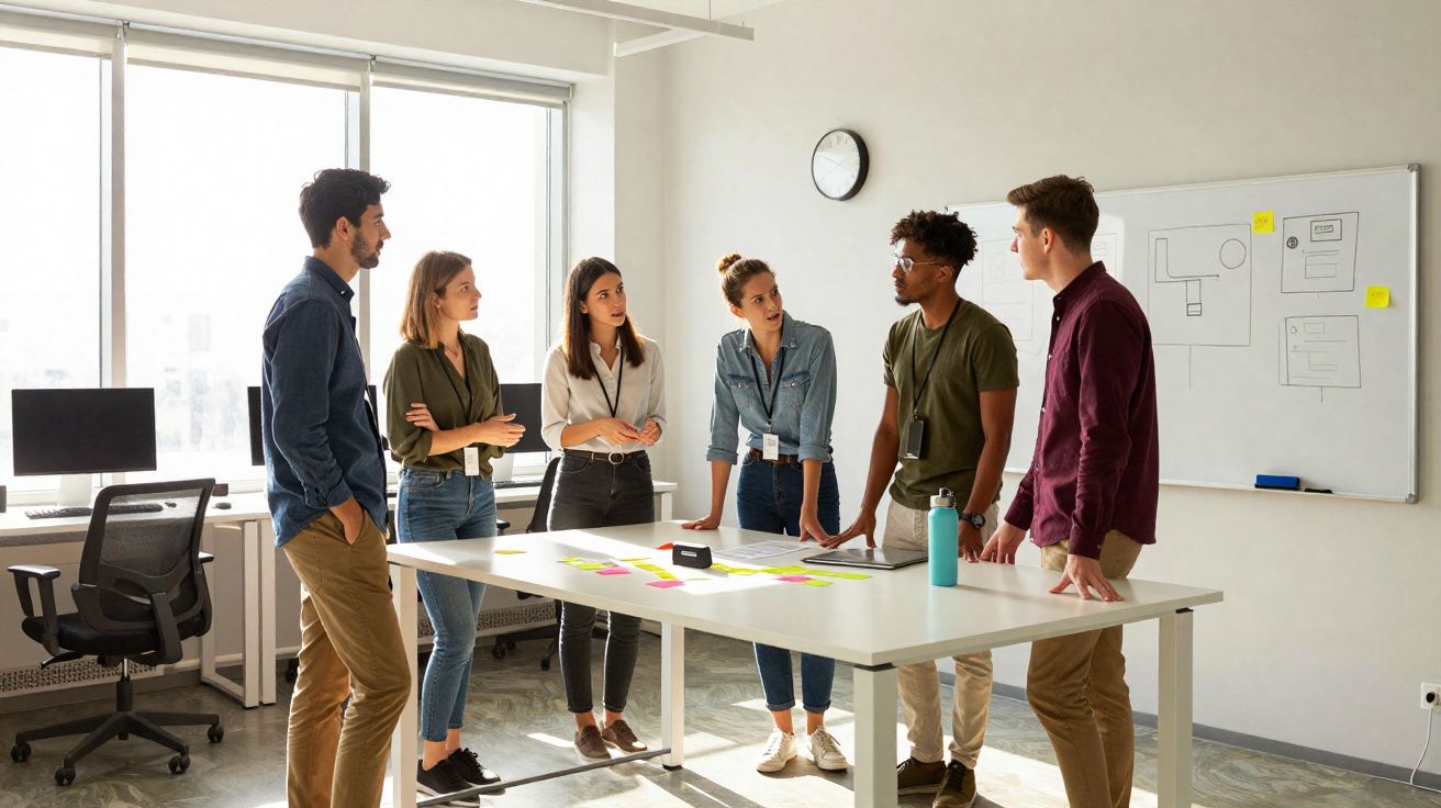 Grupo de seis jovens a discutir ideias em volta de mesa com notas adesivas numa sala de escritório iluminada.
