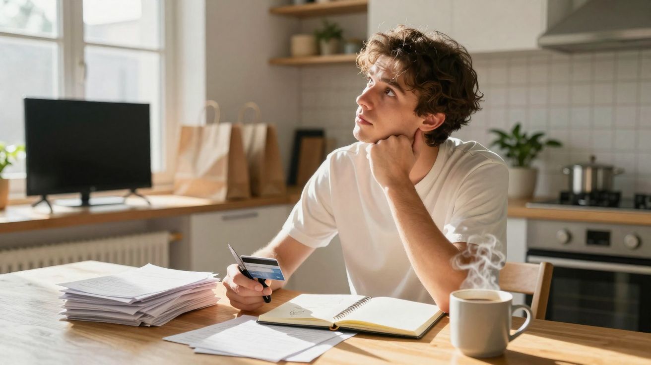 Homem jovem sentado à mesa em cozinha, a segurar cartão e caneta, rodeado de papéis, olhando pensativo.