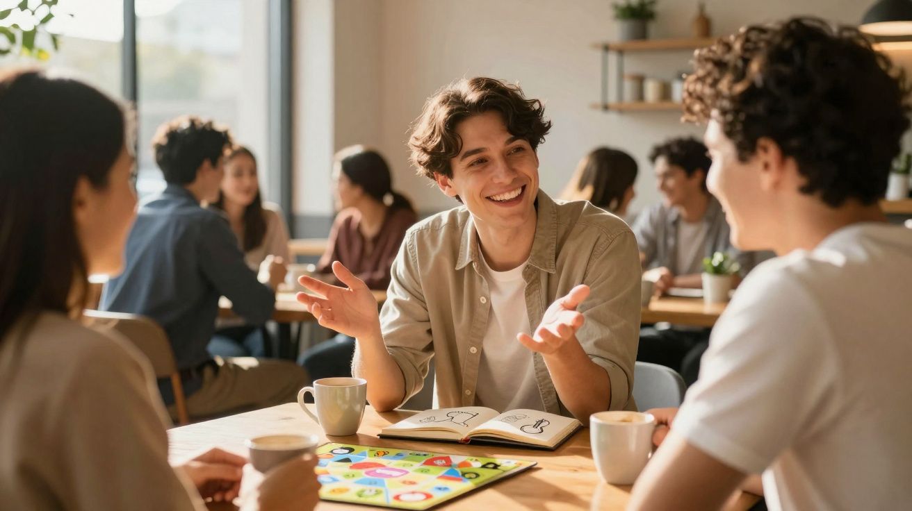 Grupo de jovens a conversar animadamente numa mesa com café e caderno num ambiente descontraído.