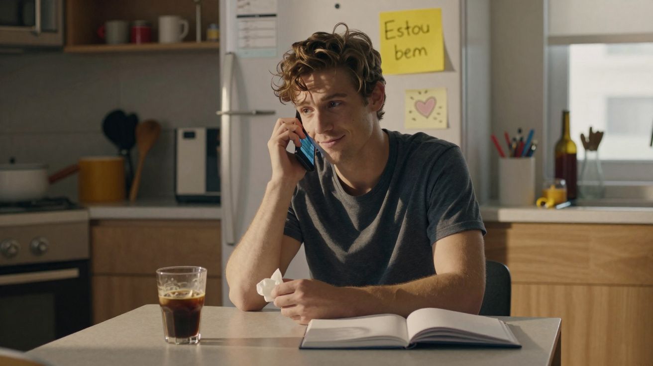 Homem jovem fala ao telefone sentado à mesa da cozinha com livro aberto e copo de bebida escura.