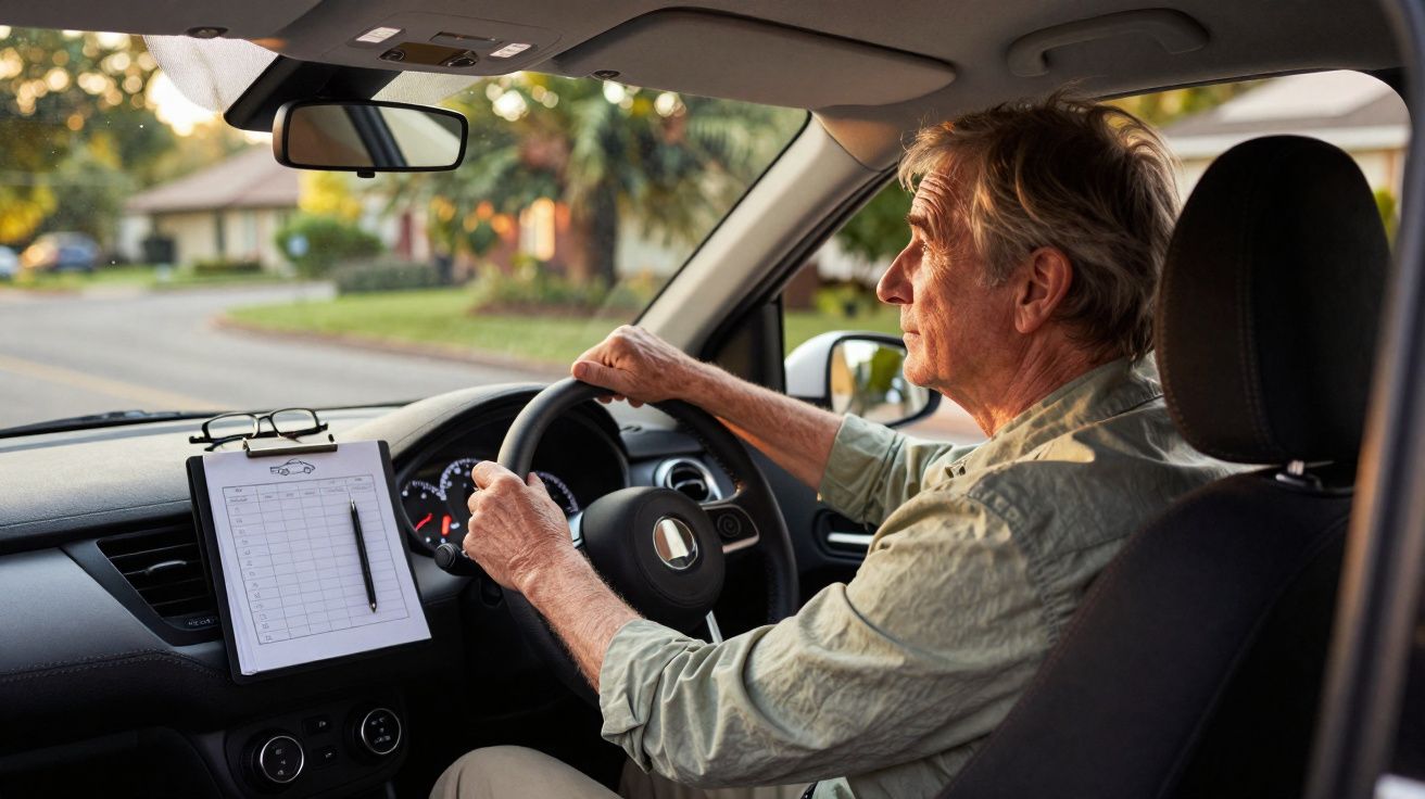 Homem idoso a conduzir carro com clipboard e óculos no tablier durante o dia.