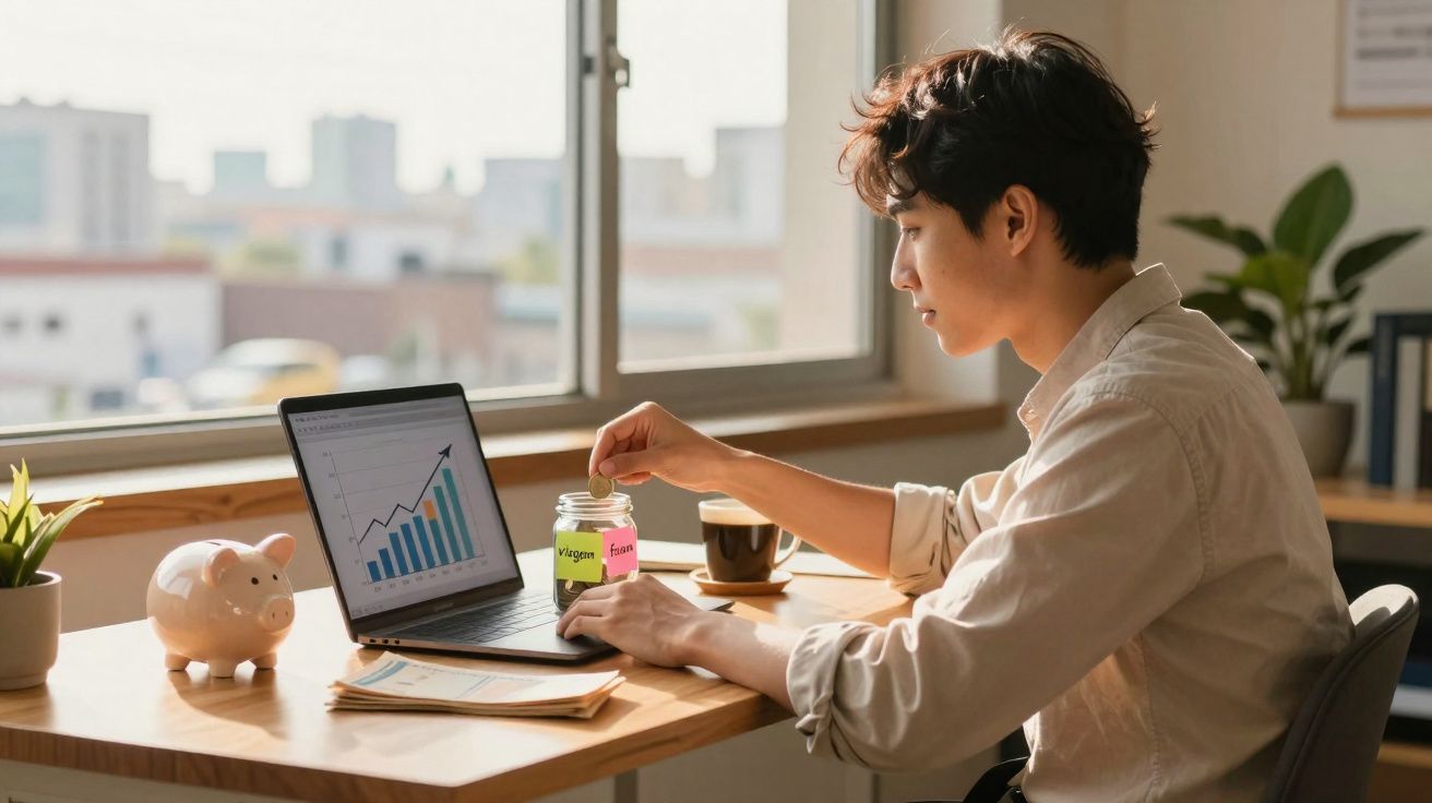 Jovem sentado à secretária a guardar dinheiro em frascos rotulados para viagem e festa com gráfico financeiro no portátil.