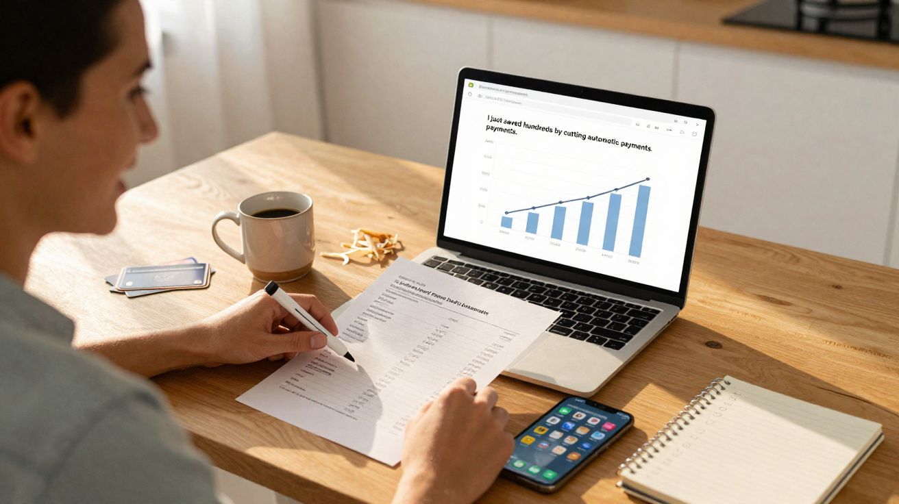 Pessoa a analisar documentos financeiros com gráfico num computador portátil, telemóvel e café numa mesa.