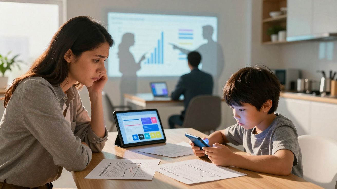 Mulher preocupada e criança com telemóvel, ambiente doméstico com trabalho e aprendizagem remotos ao fundo.