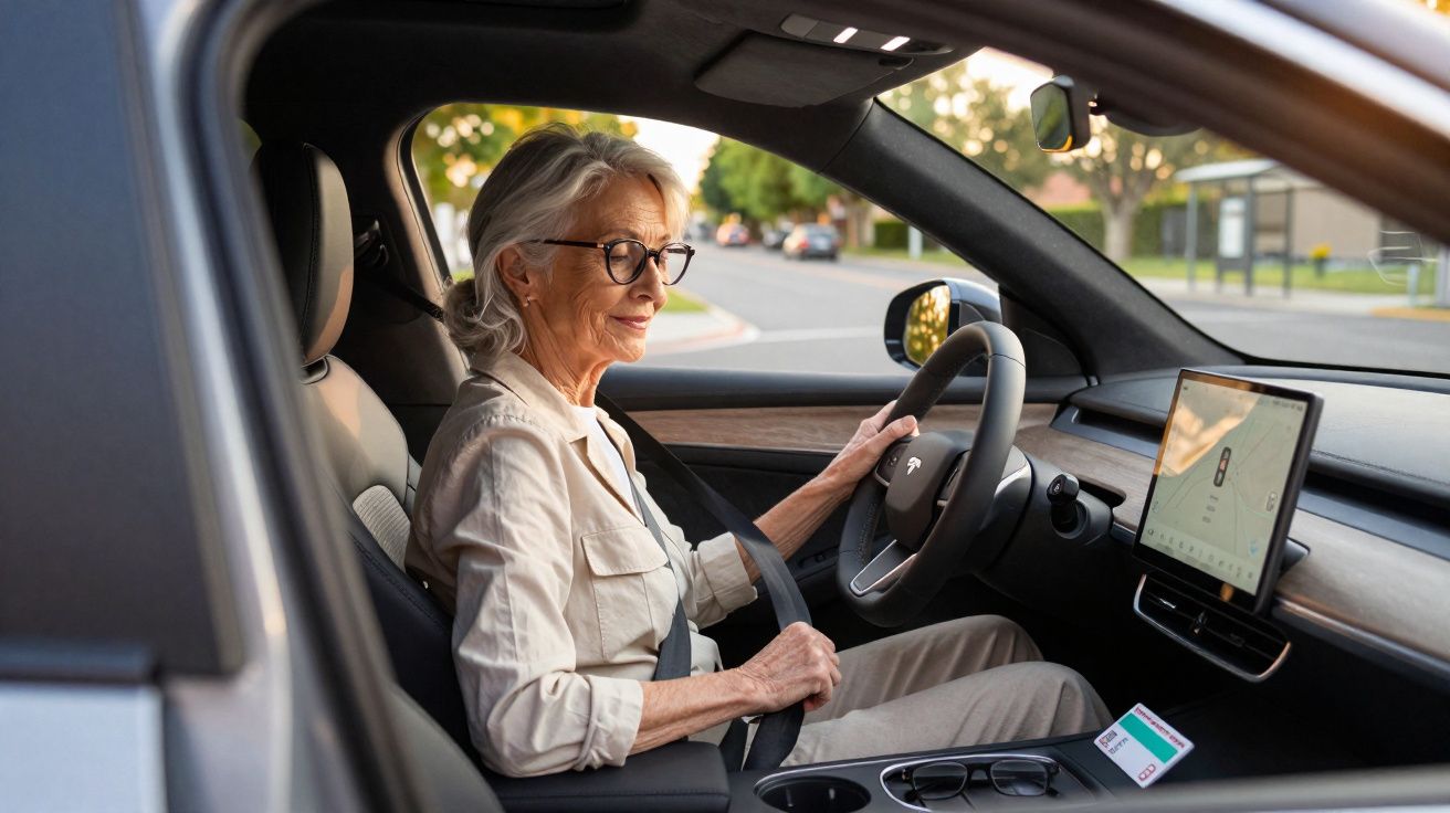 Mulher sénior segura o volante e coloca o cinto de segurança dentro de um carro moderno estacionado.