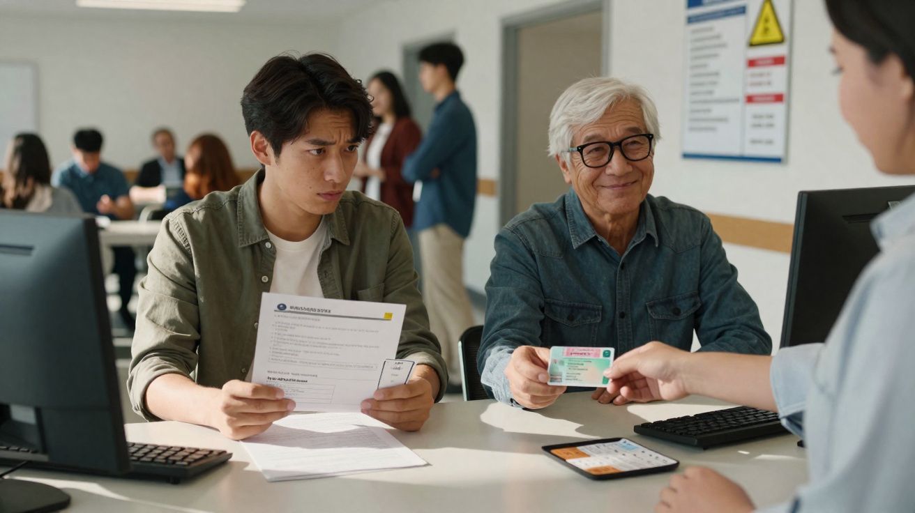 Homem jovem e idoso sentados a um balcão, o idoso recebe documento de uma funcionária numa repartição pública.