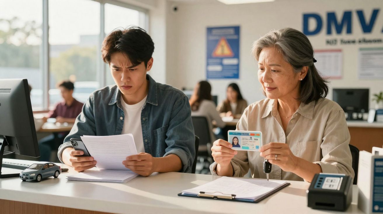 Jovem e mulher em balcão do DMV a tratar de documentação e cartão de identificação.