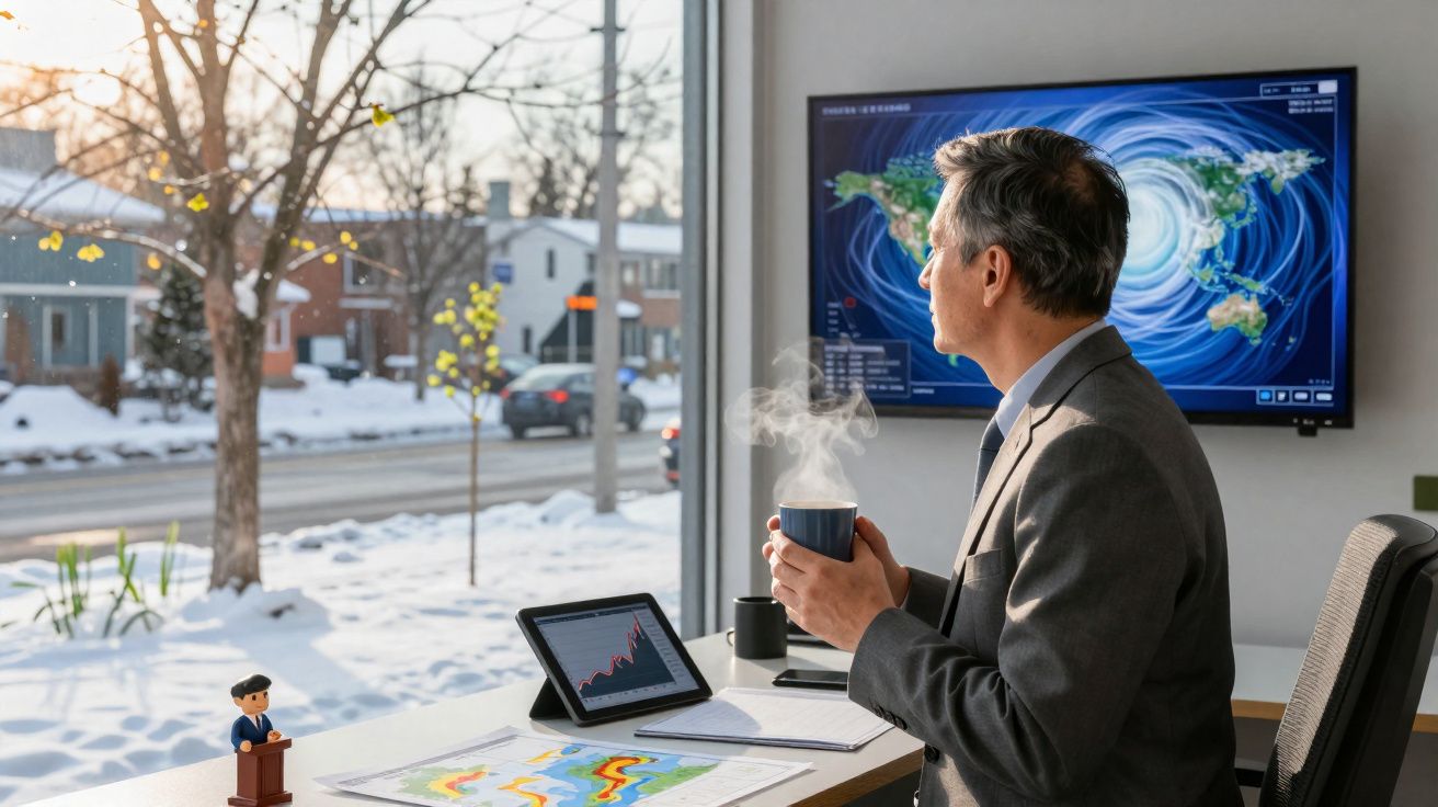 Homem de negócios a beber café e olhar pela janela para paisagem nevada, com gráficos num tablet e ecrã ao fundo.