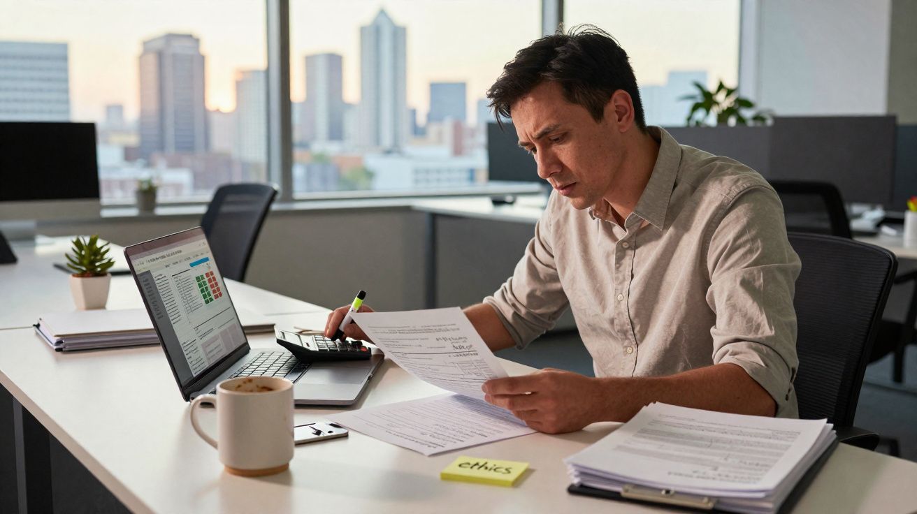 Homem sentado a analisar documentos e a usar calculadora num escritório moderno com vista para a cidade.