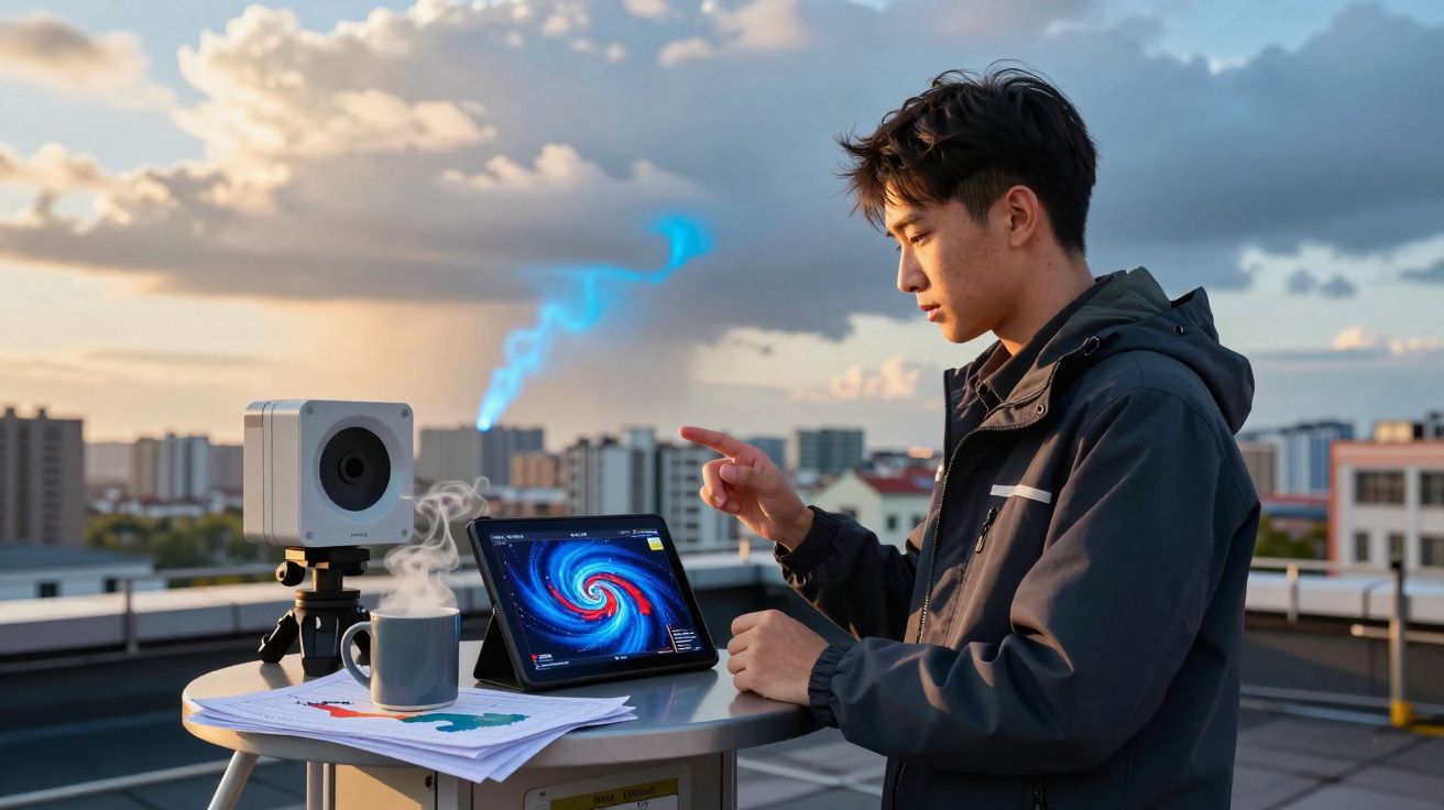 Jovem a interagir com tablet numa mesa exterior, com gráficos e uma máquina branca em ambiente urbano ao fim da tarde.