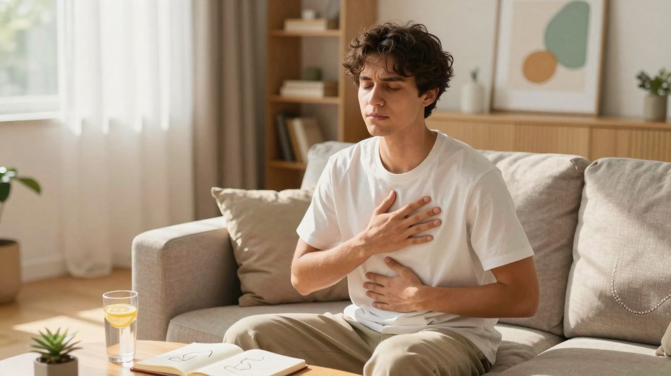 Homem jovem sentado no sofá com expressão de dor, com uma mão no peito e outra no estômago.