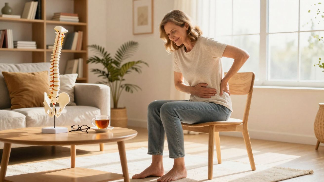 Mulher sentada com expressão de dor nas costas, segurando o lado e a lombar, ao lado de modelo de coluna vertebral.