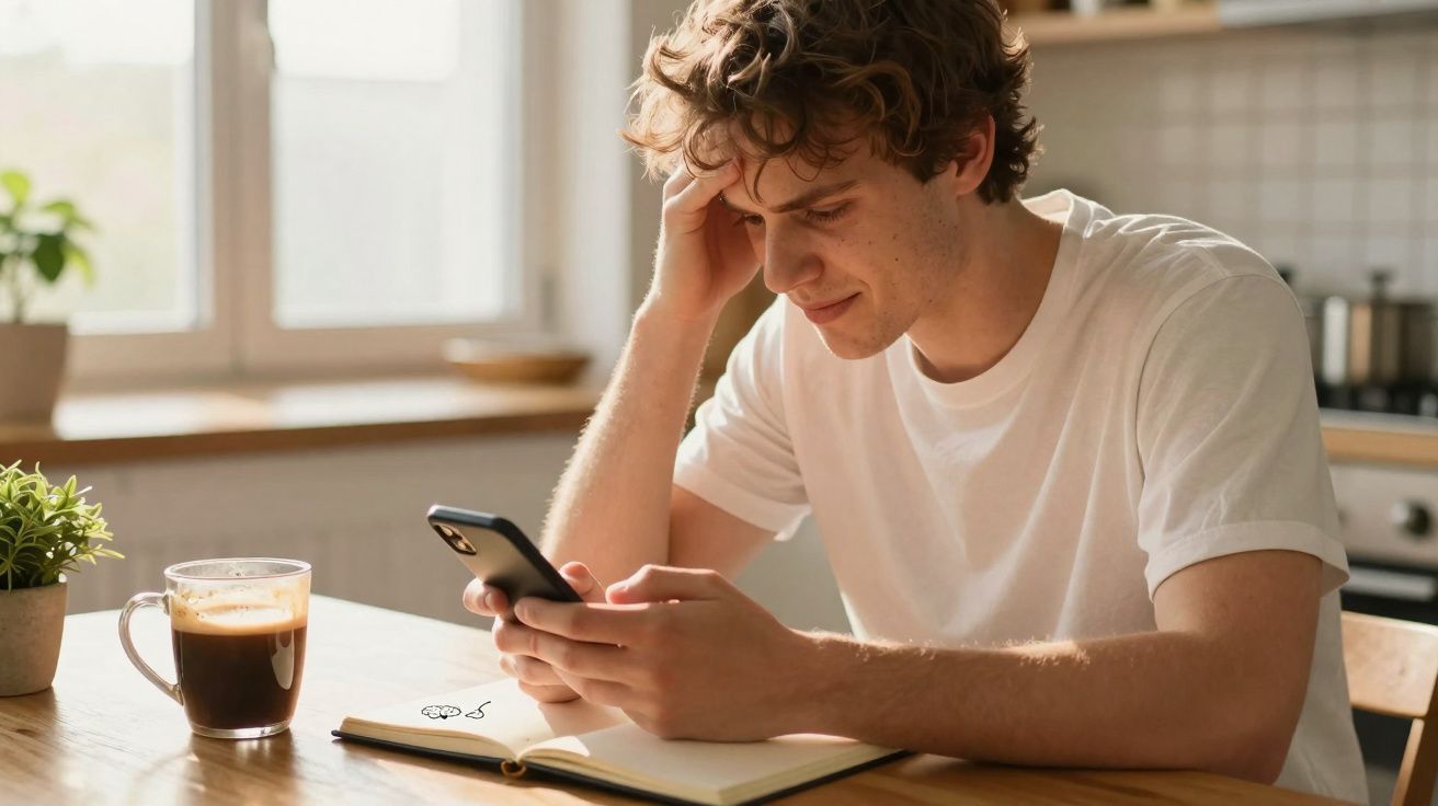 Jovem sentado à mesa vê o telemóvel com expressão pensativa, ao lado de café e caderno aberto.