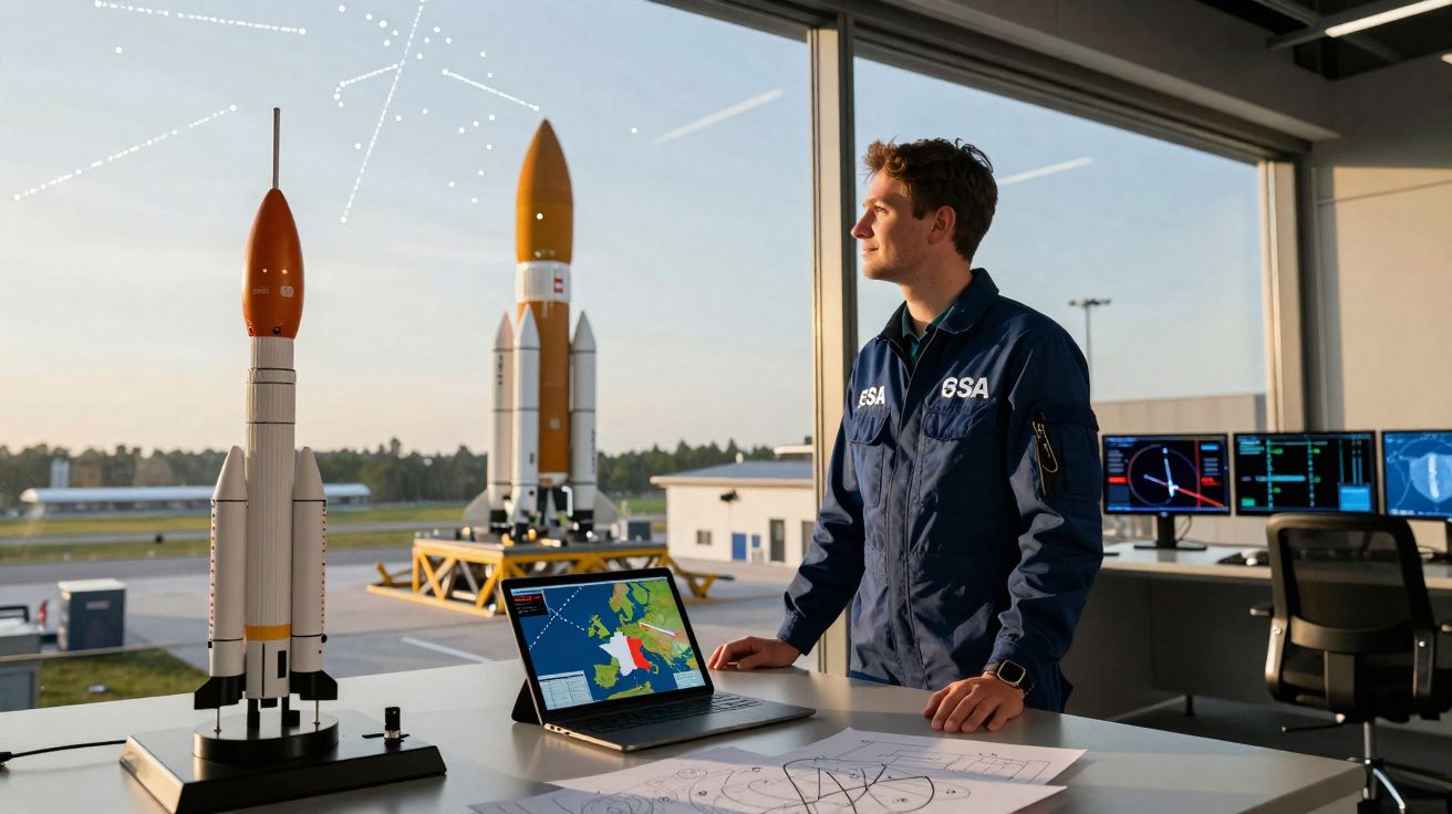 Homem com fato ESA observa foguetes em miniatura e mapas numa mesa de controlo espacial moderna.