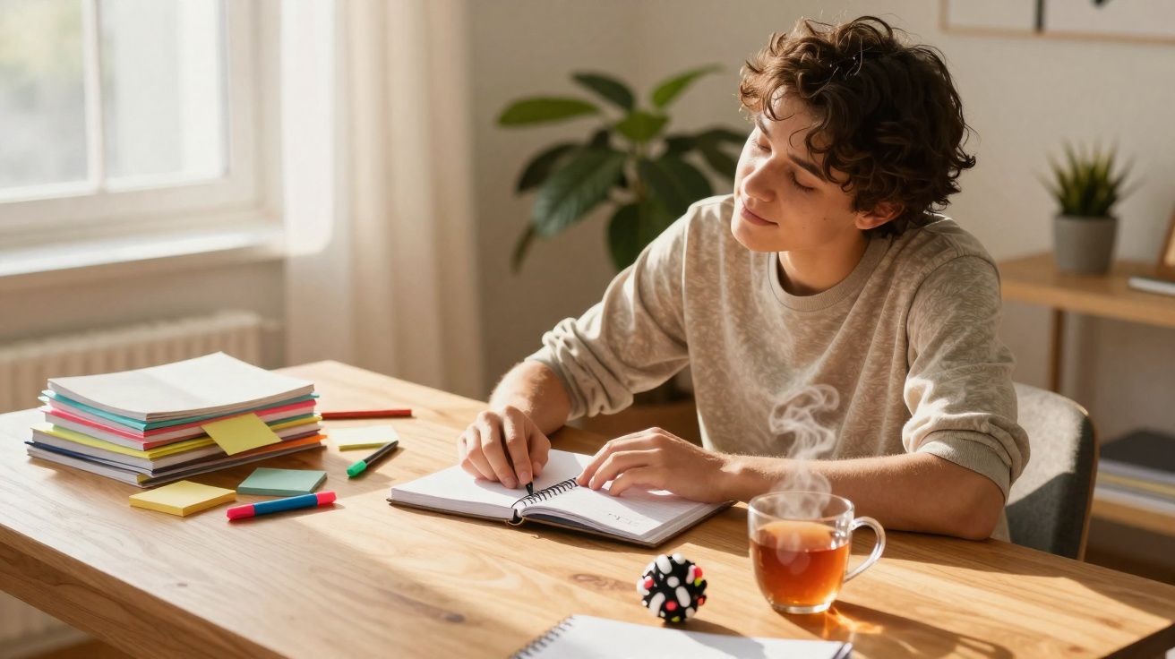 Jovem sentado à secretária a escrever num caderno, com livros, canetas e chá fumegante à sua frente.