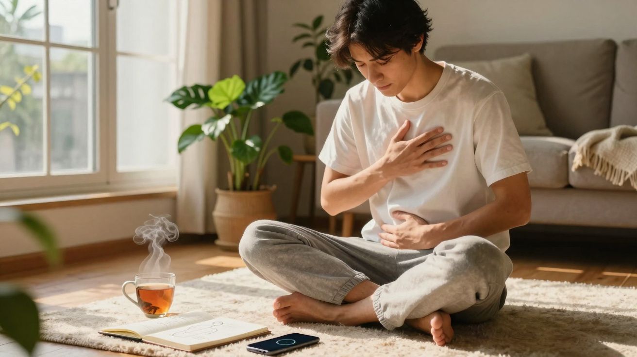 Jovem sentado no chão com mão no peito e outra na barriga, rodeado por chá, telemóvel e livro aberto.