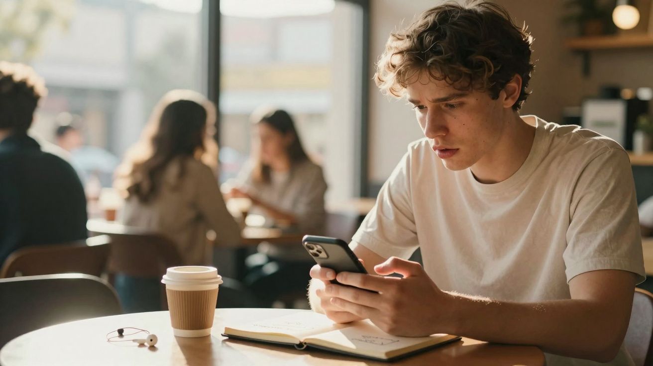 Jovem sentado numa mesa de café a olhar para o telemóvel com caderno aberto e café ao lado.