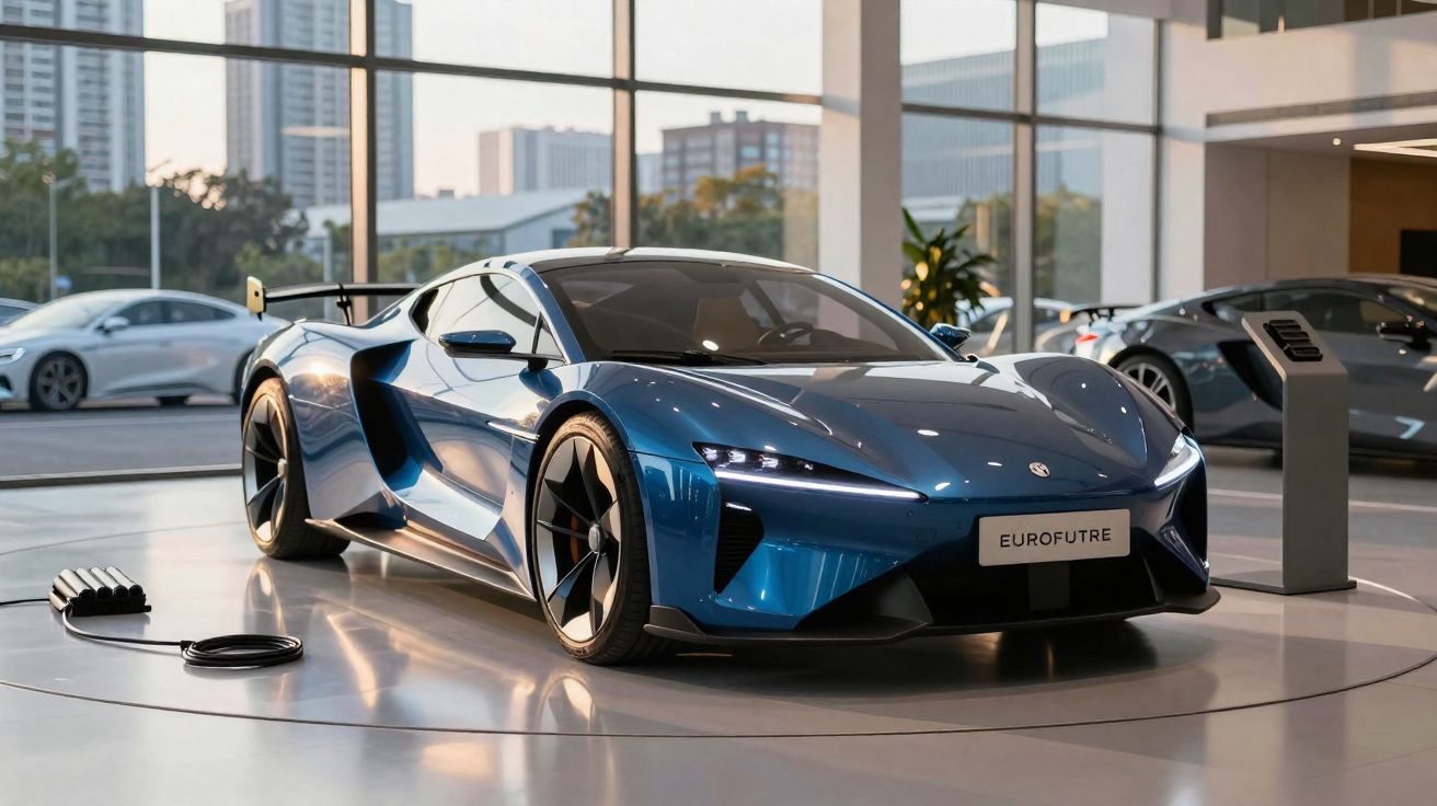 Carro desportivo elétrico azul Eurofutre em exposição numa sala moderna com janelas grandes e vista urbana.