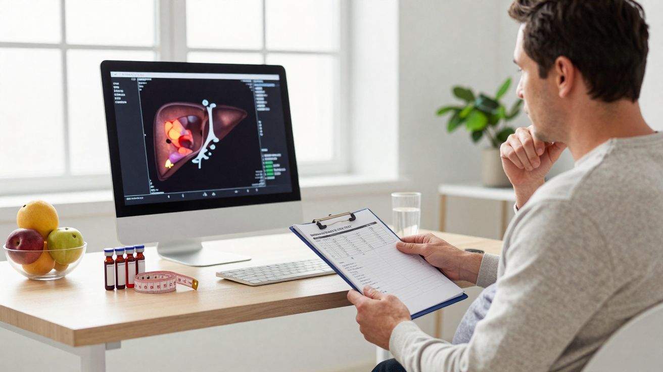 Homem a analisar imagem digital de fígado no computador com frutas e ampolas numa mesa ao lado.